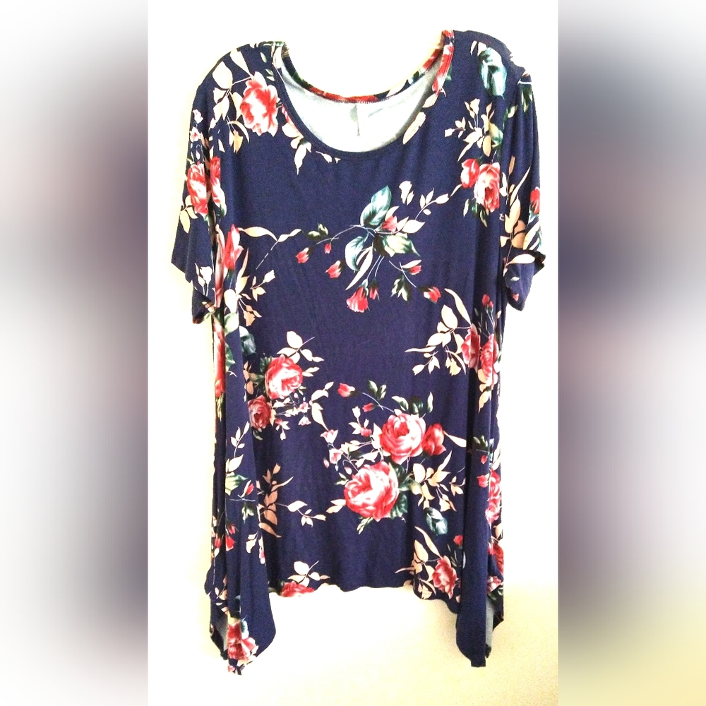 POPYOUNG WOMEN'S/ MISSES SIZE 2X DARK BLUE  ROSES SHORT DRESS SHORT SLEEVES NWOT